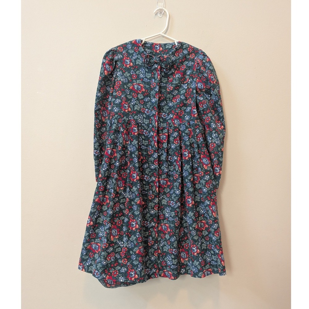 Vintage Laura Ashley Girls Floral Corduroy Dress Green Red Great Britain Cottage